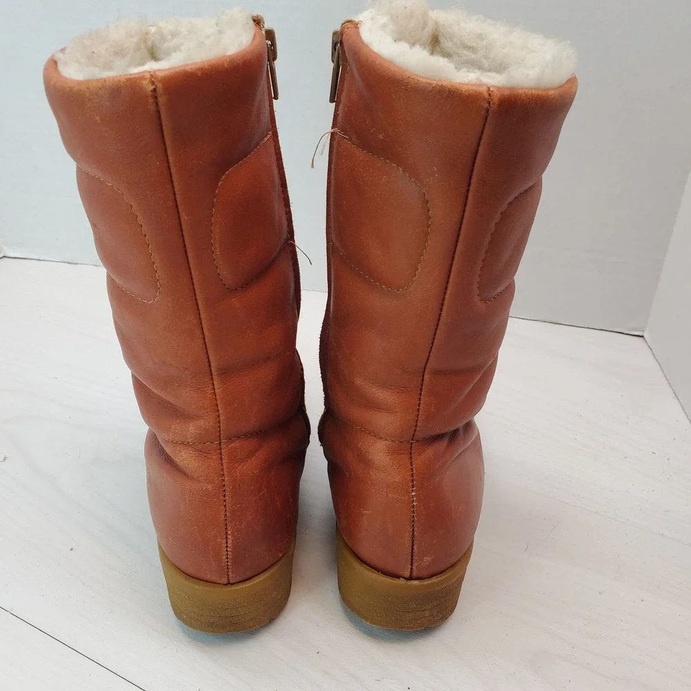 LL Bean Vintage Women 7 Cognac Leather Shearling Lined Winter Boots Canada Made